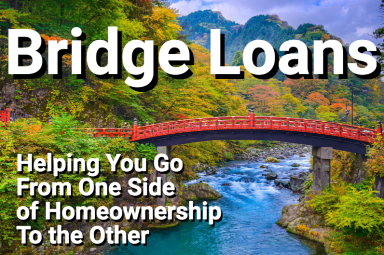 Red bridge in forest with text