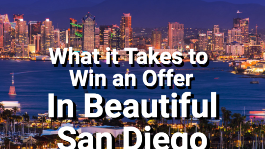 San Diego skyline at dusk with overlay text.