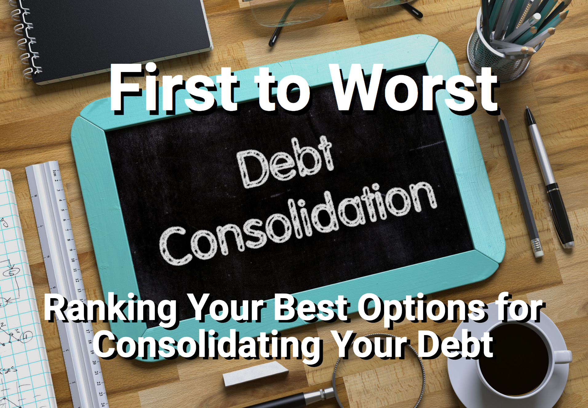 Debt consolidation on caulk board with coffee, glasses, and more
