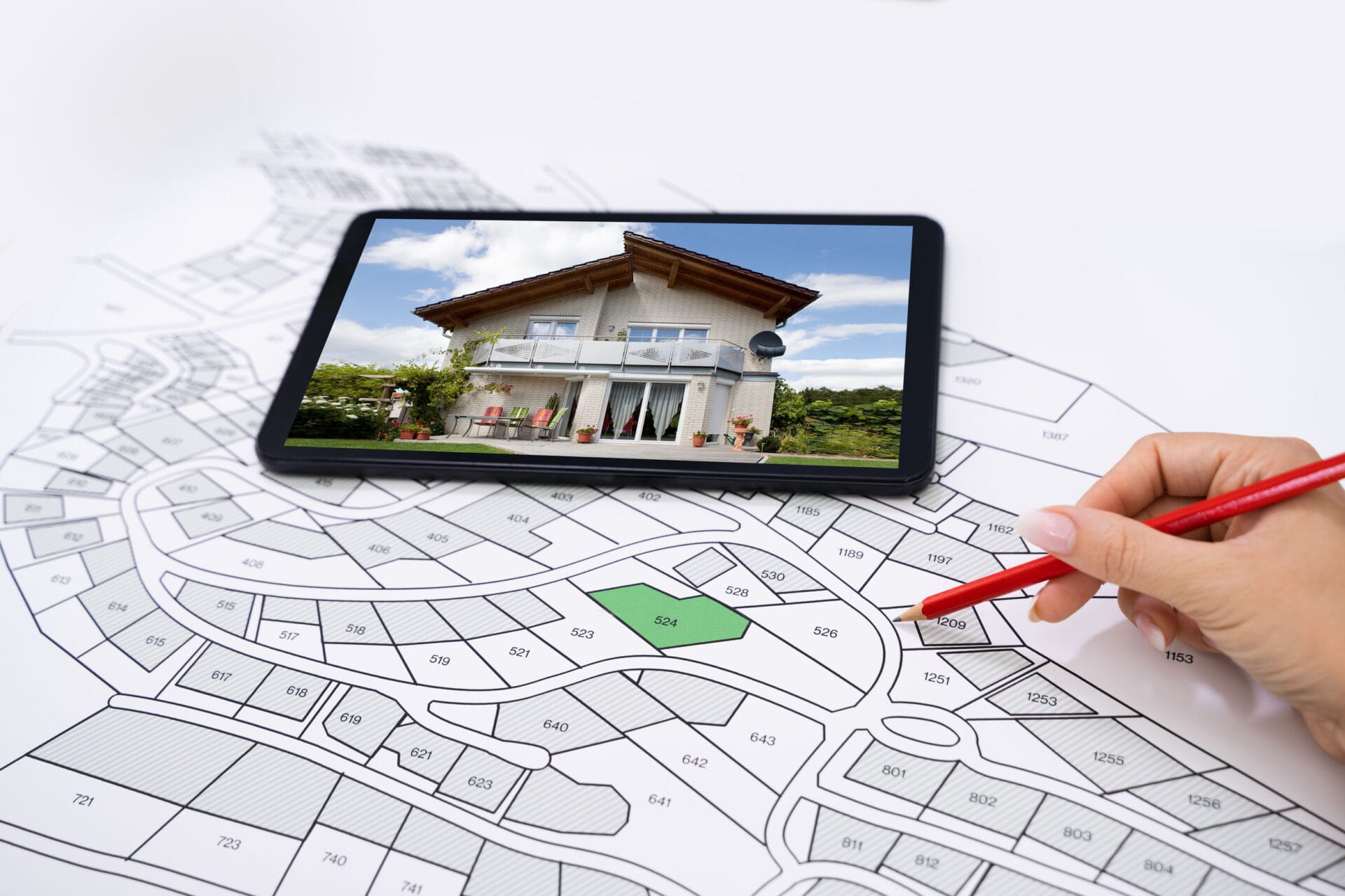 Hand Holding Pencil Over Cadastre Map New Tablet With House Photo