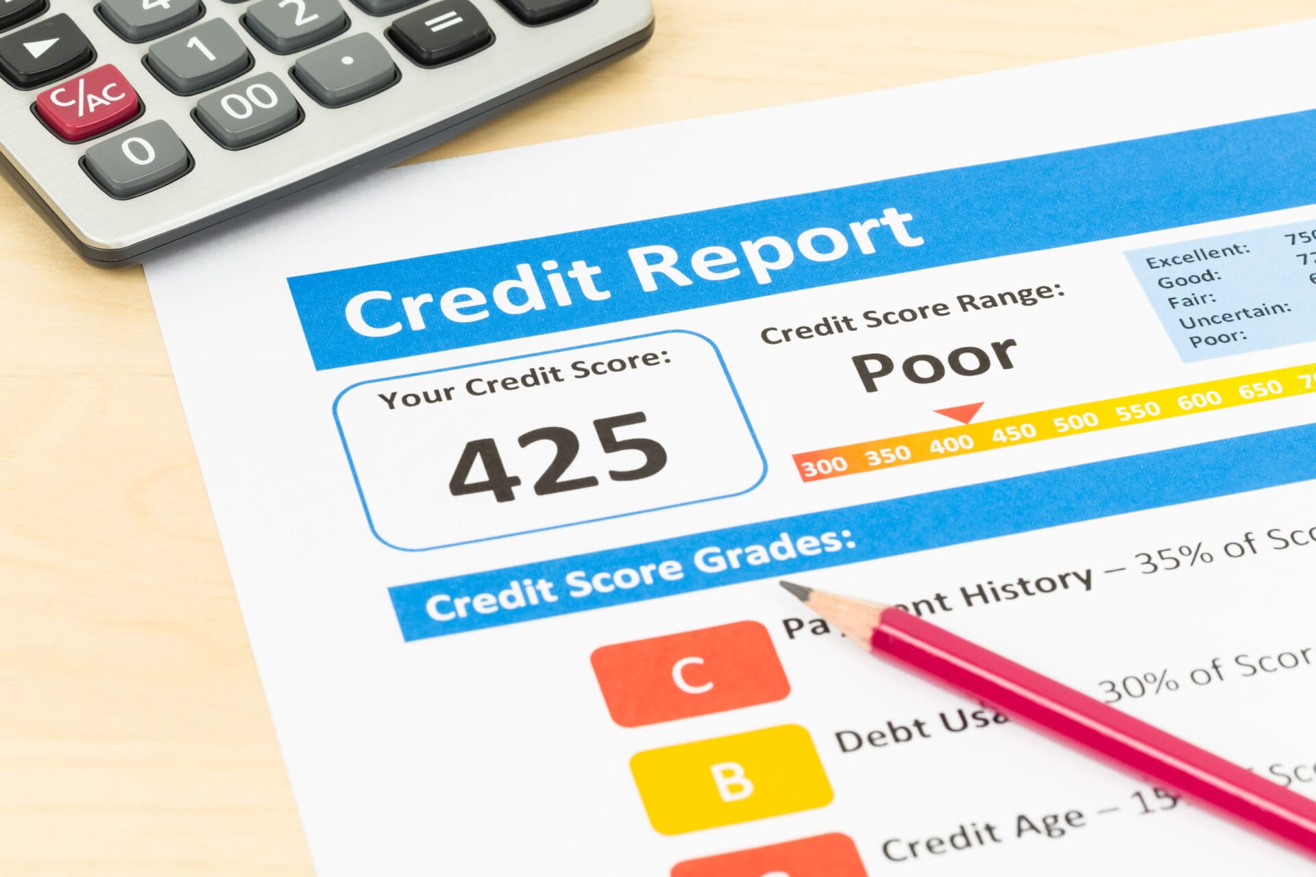 Poor credit score report with pen and calculator